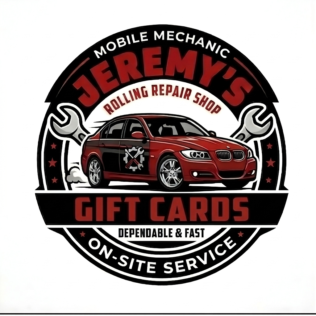 Jeremy’s Rolling Repair Shop logo: Ithaca NY mobile mechanic and on-site car service featuring a red sedan, wrenches, and gift card availability.