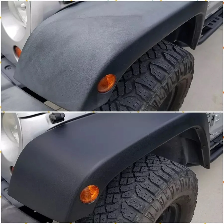 Comparison of vehicle fenders, before and after installation of a new black fender against a current gray one, showing the change in appearance.