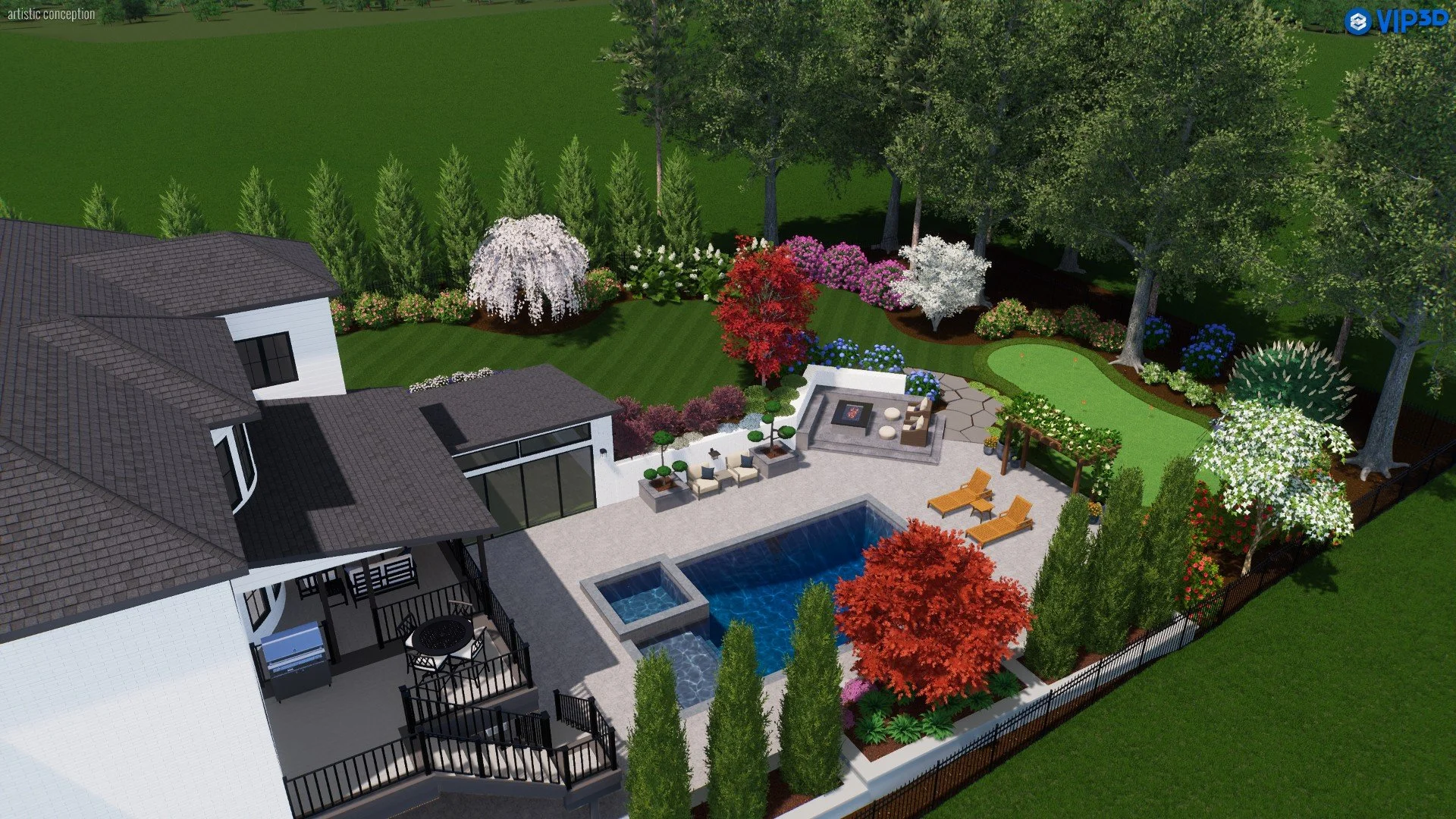 3D perspective showcasing raised planters for screen and raised fire pit to give depth to the outdoor living space.