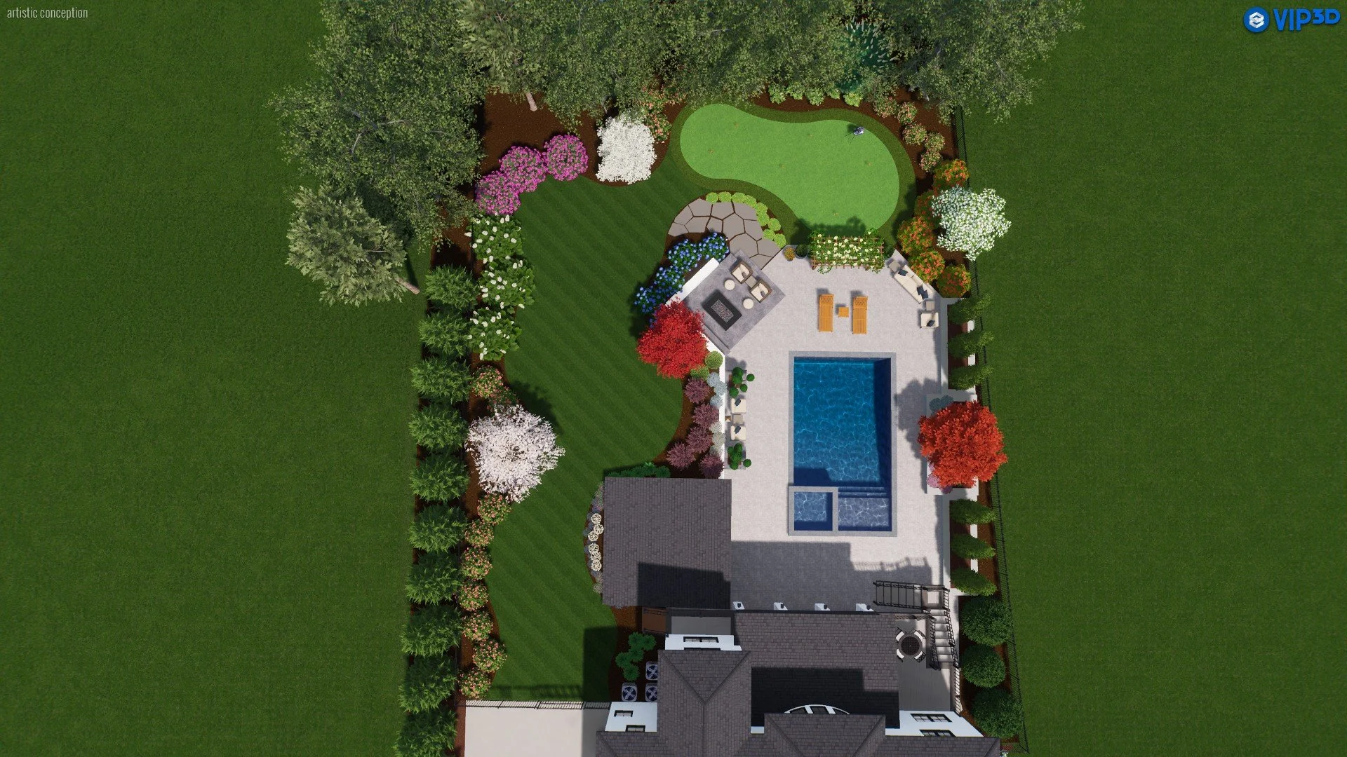 3D Plan View of landscape design, pool, patio, firepit, and putting green.