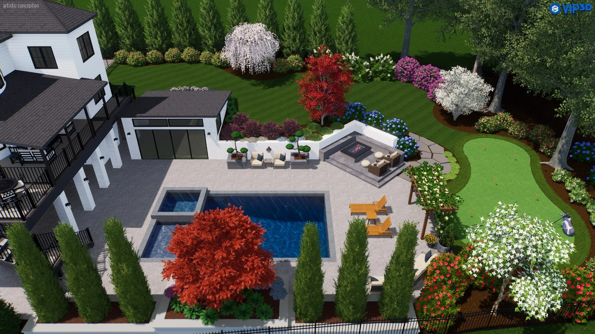 3D perspective of pool deck and placement of attached ADU and golf simulator.