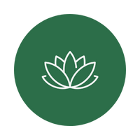 Minimalist white lotus flower icon on a green circular background