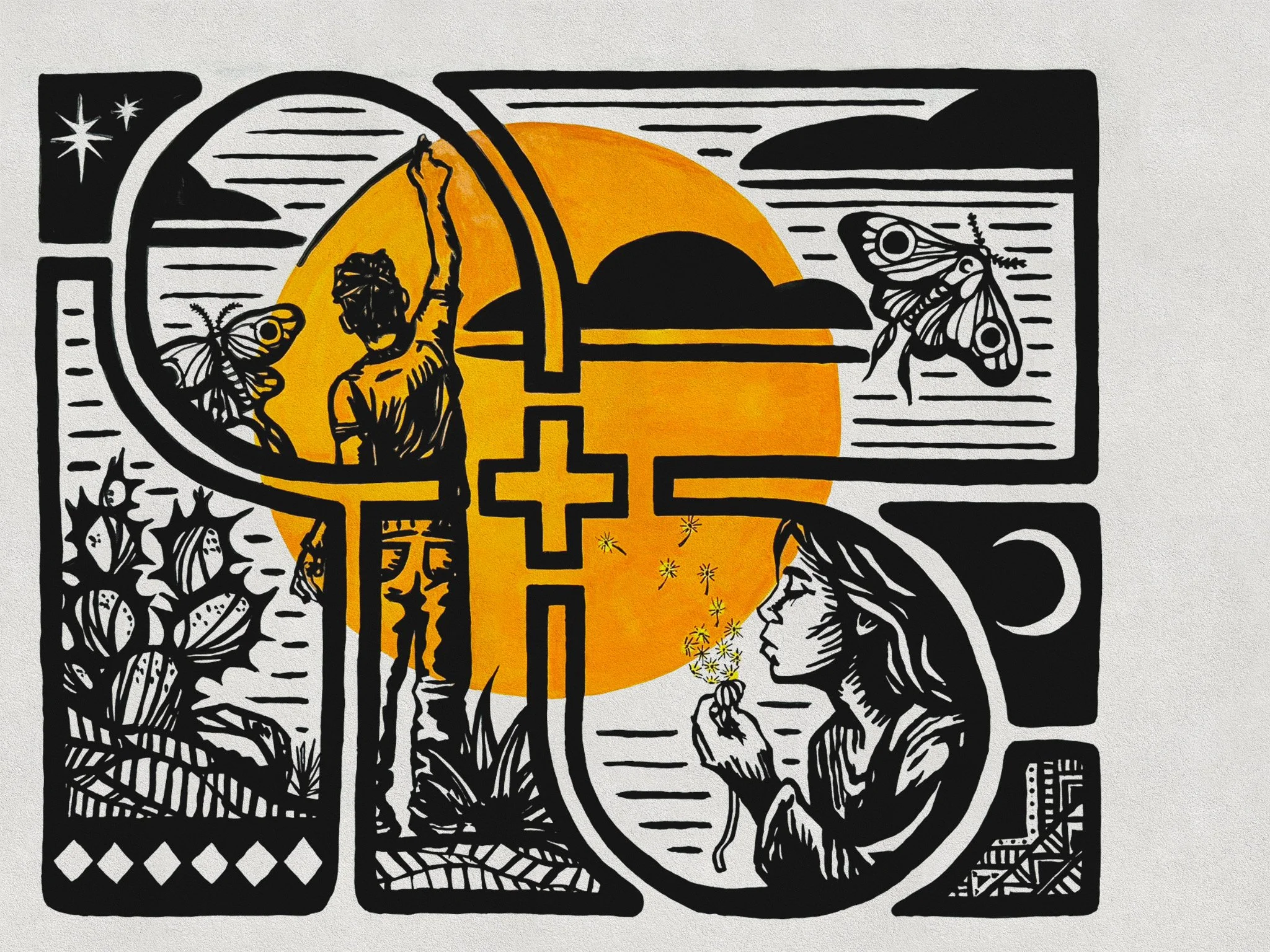 painting of a man and woman with 2 moths in a woodcut syle mural