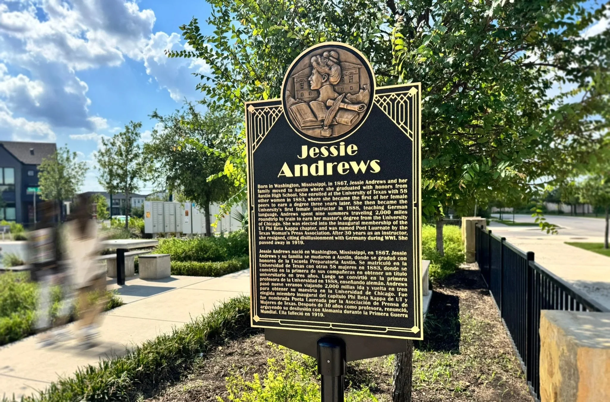 Bronze bas relief sign of Jessie Andrews