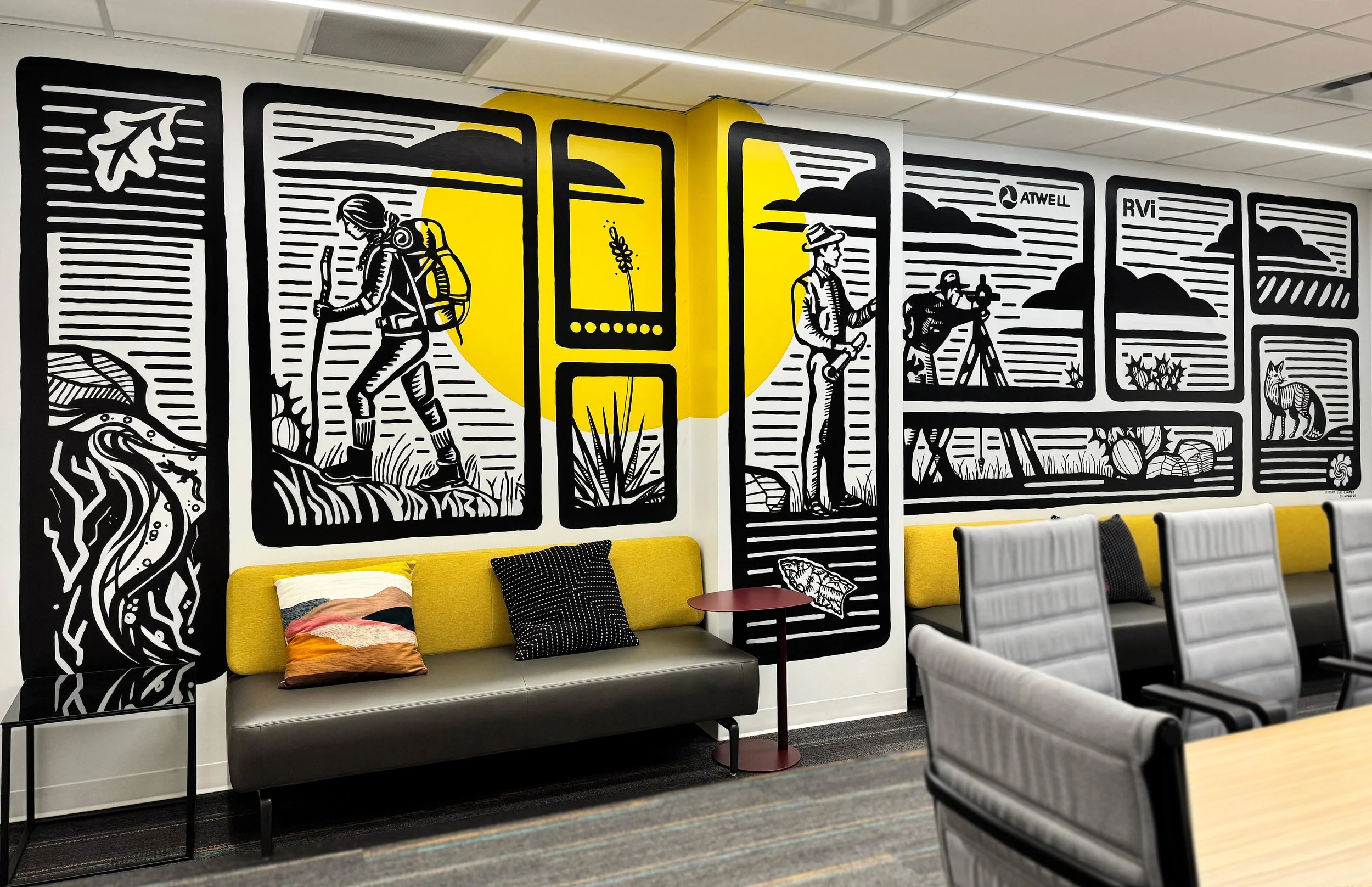 mural painted in woodcut style in office board room on wall