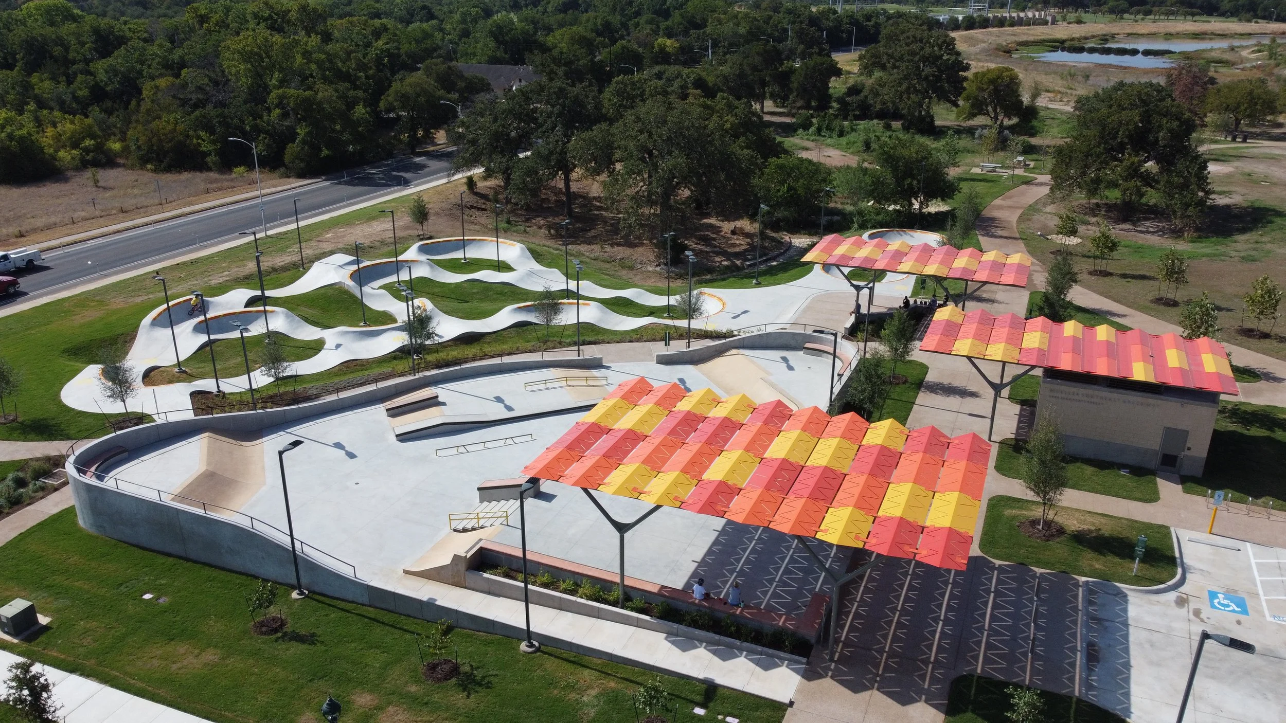 aerial image of a skatepark and pumptrack in austin texas
