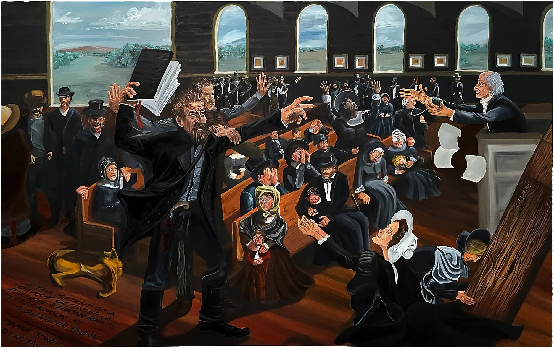 Oath of the Osawatomie, 2023,  48”x 72”  oil on canvas. Inscription: A true portrait of a devout defender of freedom and human rights, later known as Osawatomie Brown. March 2023. D. Carman
