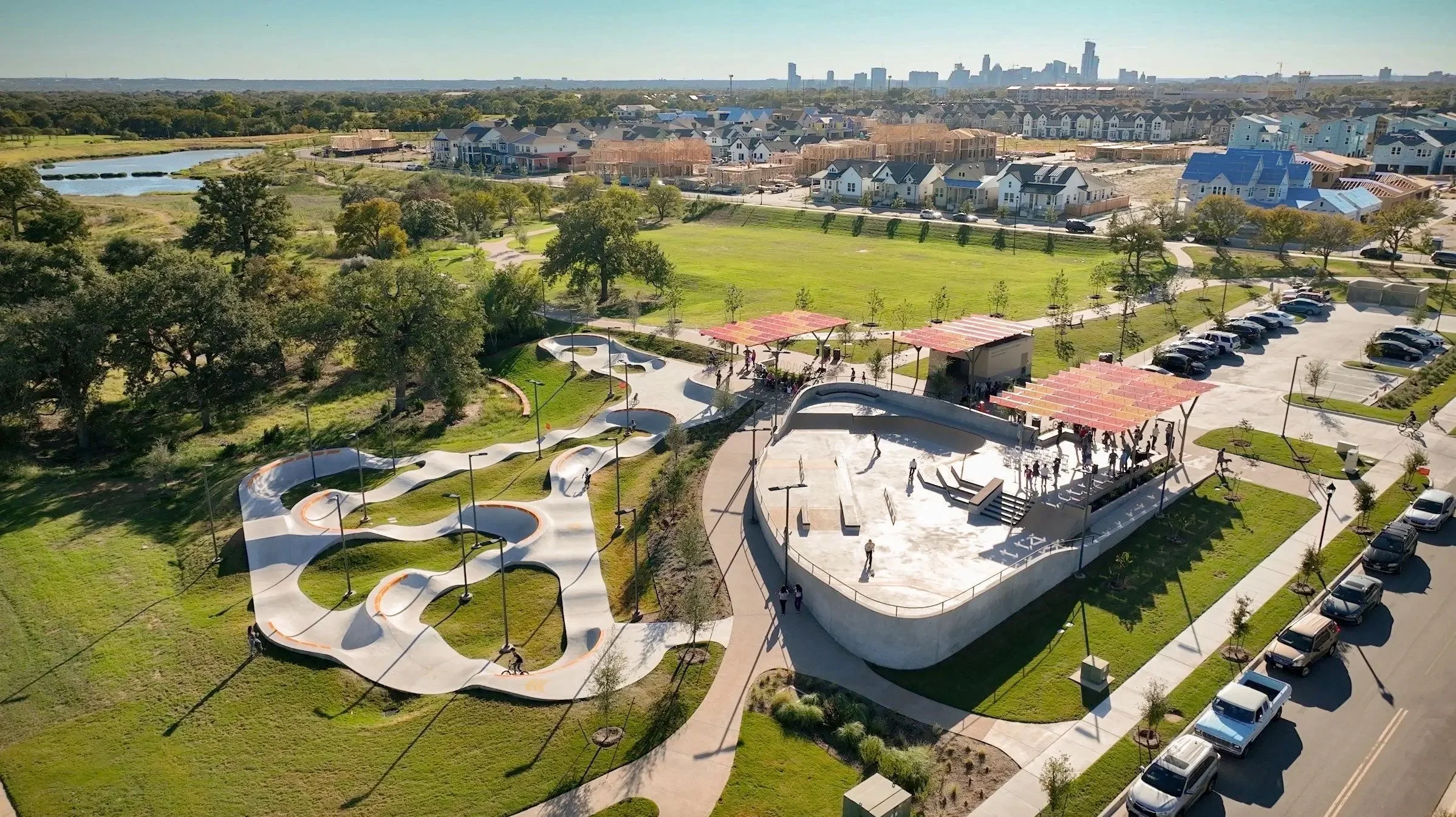 concrete skatepark and pump track drone picture