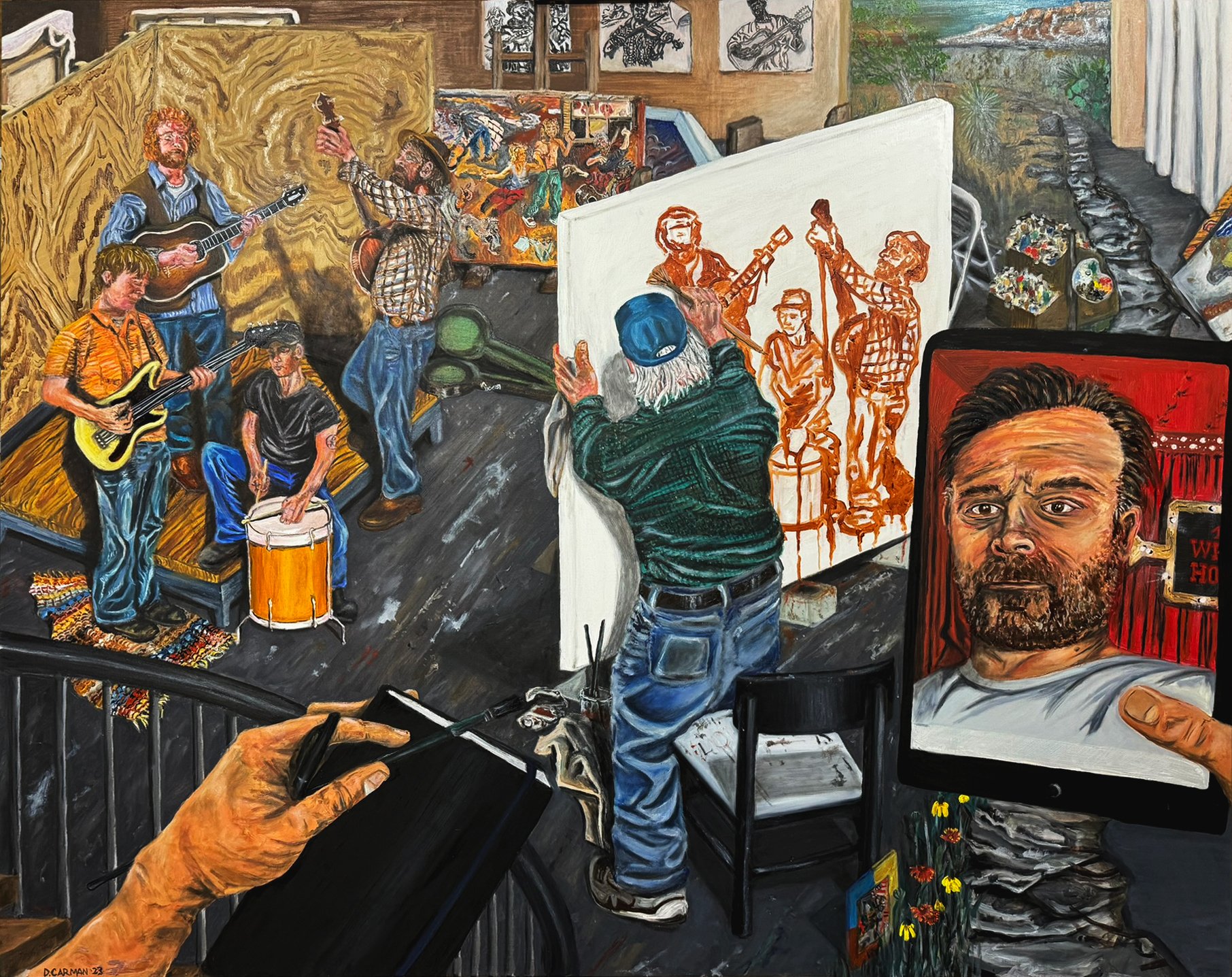 Self Portrait (with Art Rosenbaum painting myself & band),  2023, 48”x60” oil on canvas