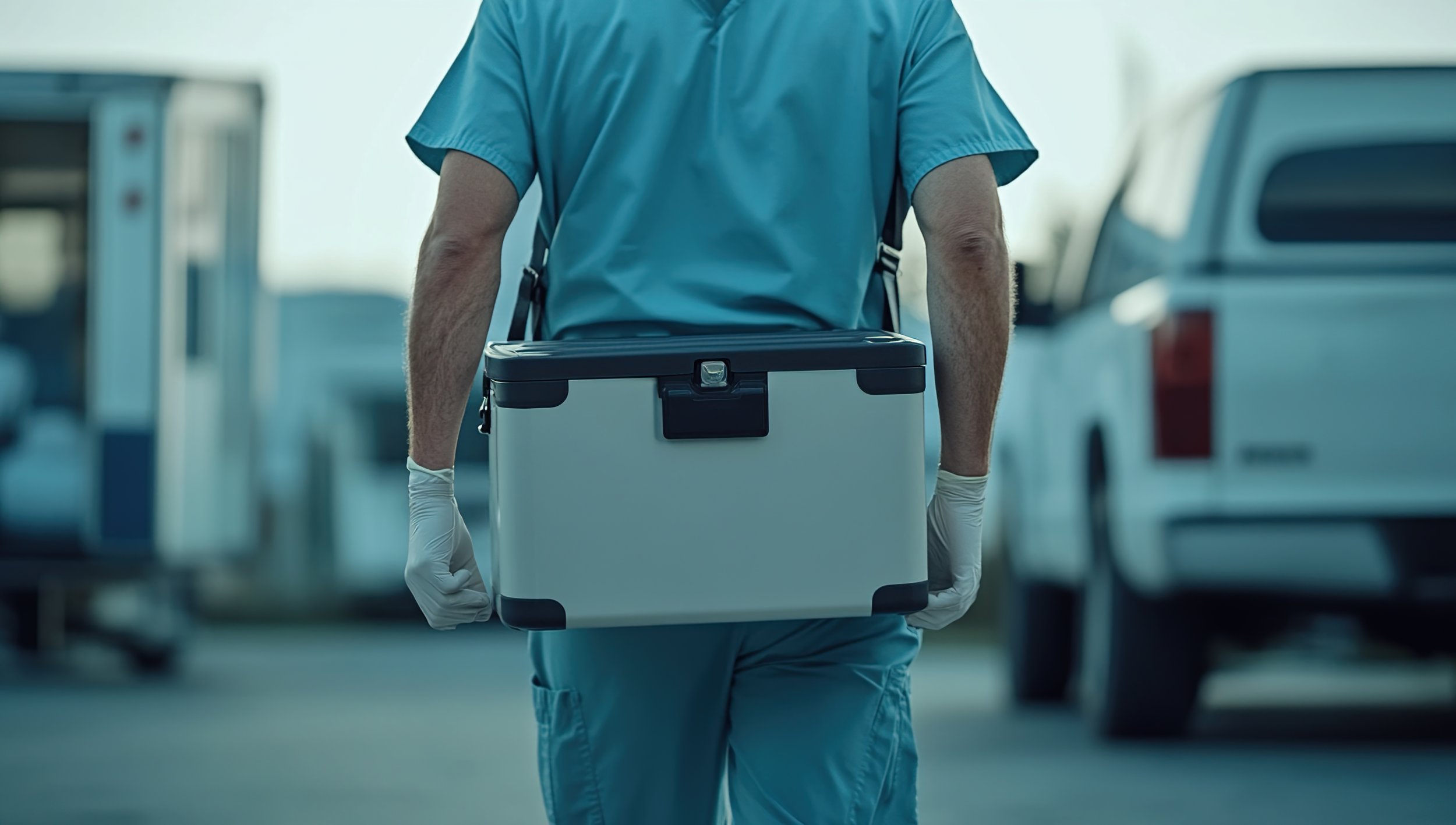 “Medical courier transporting temperature-controlled specimen cooler for AtlasKing Logistics in Dallas-Fort Worth”