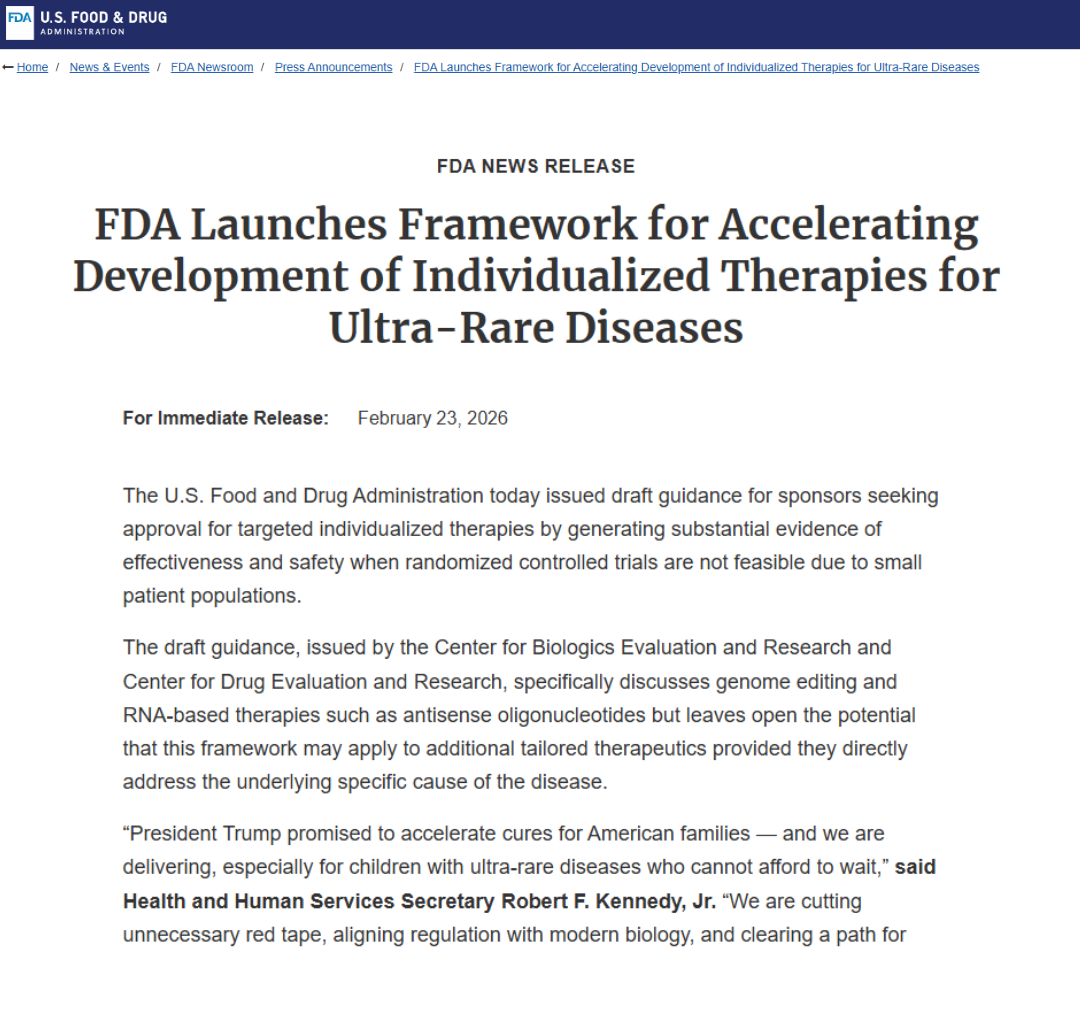 FDA Launches Framework for Accelerating Development of Individualized Therapies for Ultra-Rare Diseases