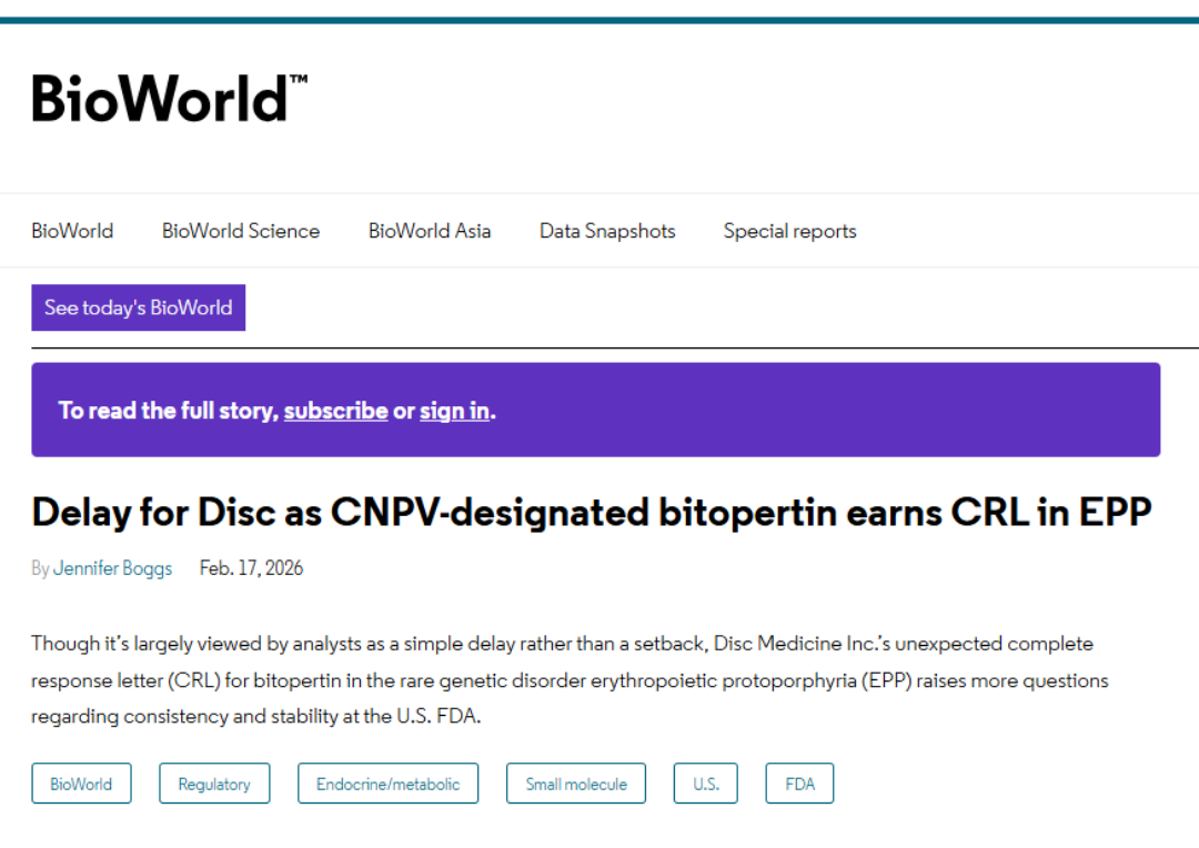 Delay for Disc as CNPV-designated bitopertin earns CRL in EPP