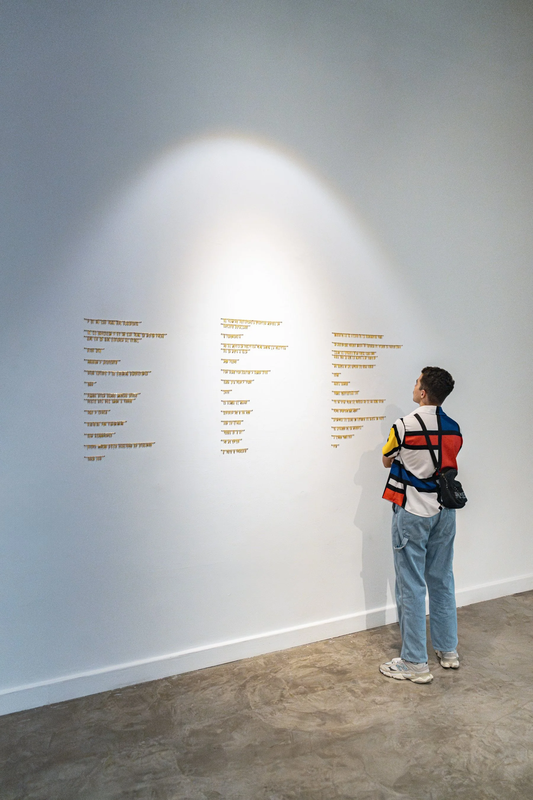 Hombre de espaldas observando una pared con listas en un museo o galería.