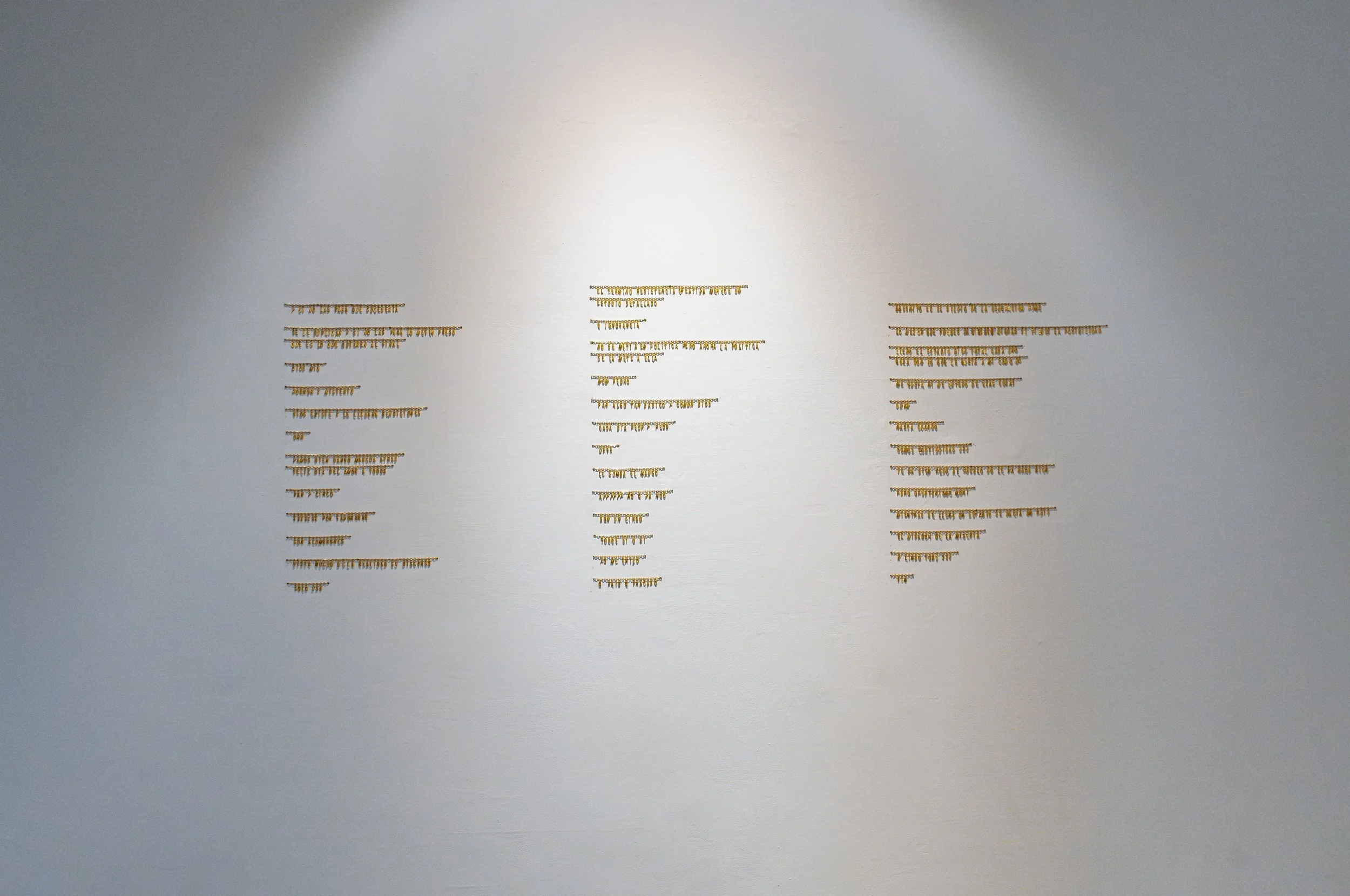 Pared blanca con líneas de letras en color dorado colocadas en forma de mapa del mundo.