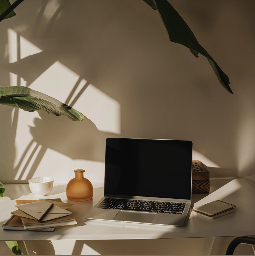 A minimalist desk setup with a laptop, stack of notebooks, a small white bowl, a brown vase, a closed cardboard box, and some large green leaves casting shadows on the wall.