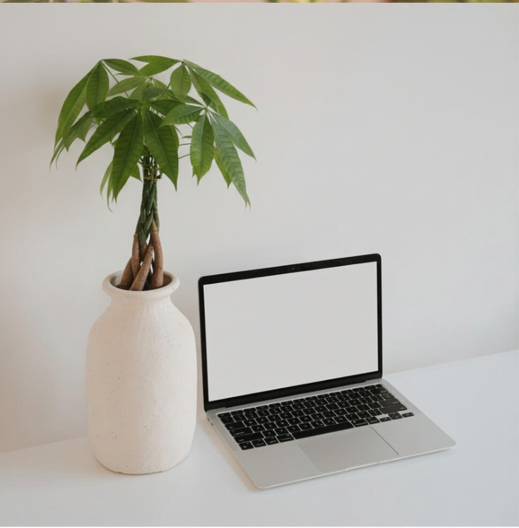A potted money plant (Pothos) with braided stems and green leaves placed next to a silver laptop on a white desk.