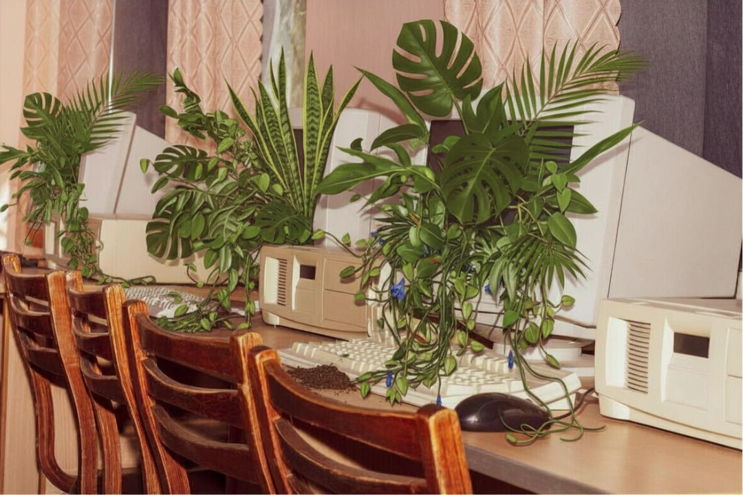 A row of wooden chairs with a long desk behind them, topped with green houseplants and vintage computer equipment, with pink and white curtains in the background.