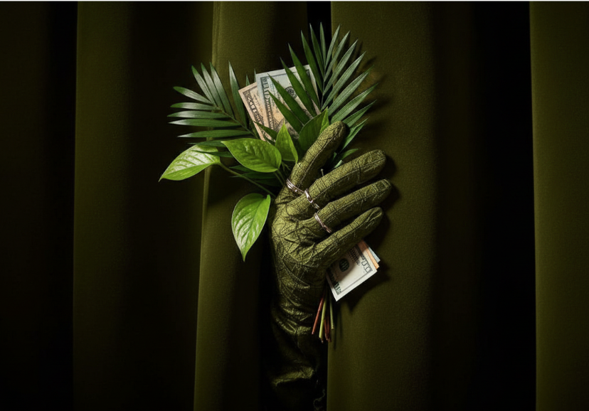A glove holding a small bouquet of green leaves and palm fronds with folded US dollar bills, against a dark green curtain background.