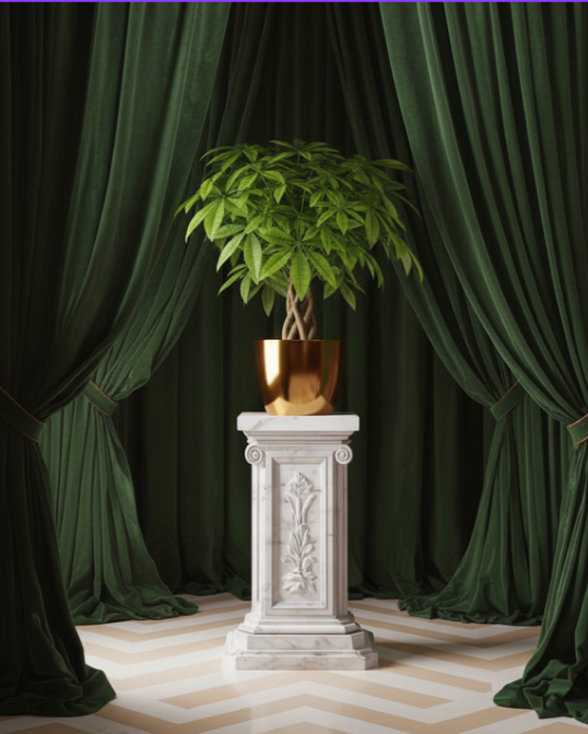 A potted green plant placed on a decorative white pedestal in front of dark green curtains.