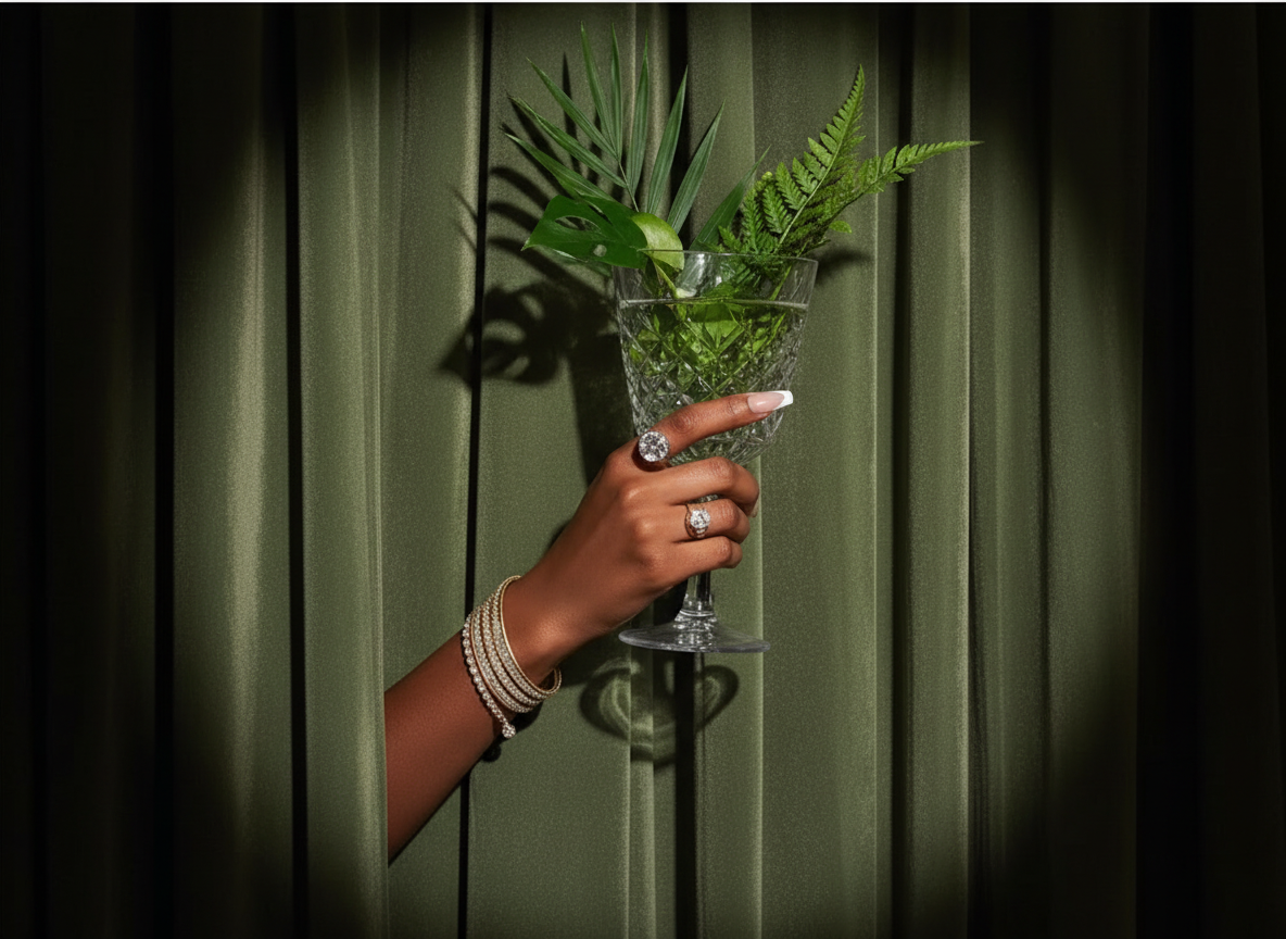 A person's hand holding a crystal glass filled with green plant leaves in front of green curtains, casting a shadow.