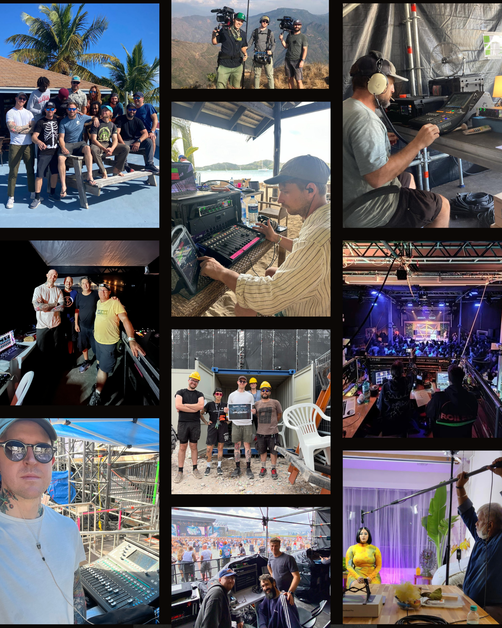Collage of images showing various scenes from a music festival or concert. Includes groups of people, videographers, audio technicians, stage setup, and audience. Microphones, sound crew and live shows.