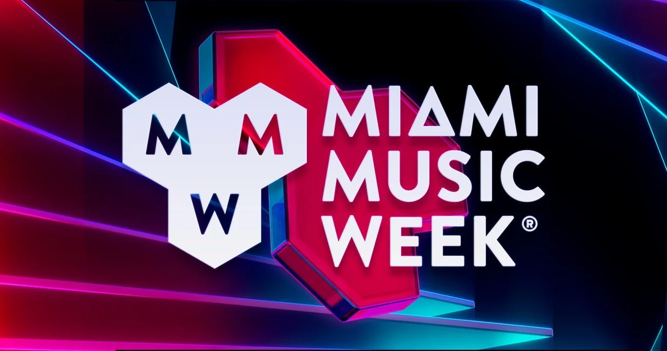 Logo for Miami Music Week with neon lights and colorful geometric background.