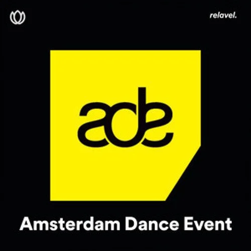 Logo for Amsterdam Dance Event with a yellow geometric shape and the lowercase letters 'ade' inside, black background, and the words 'relive!' in the top right corner.