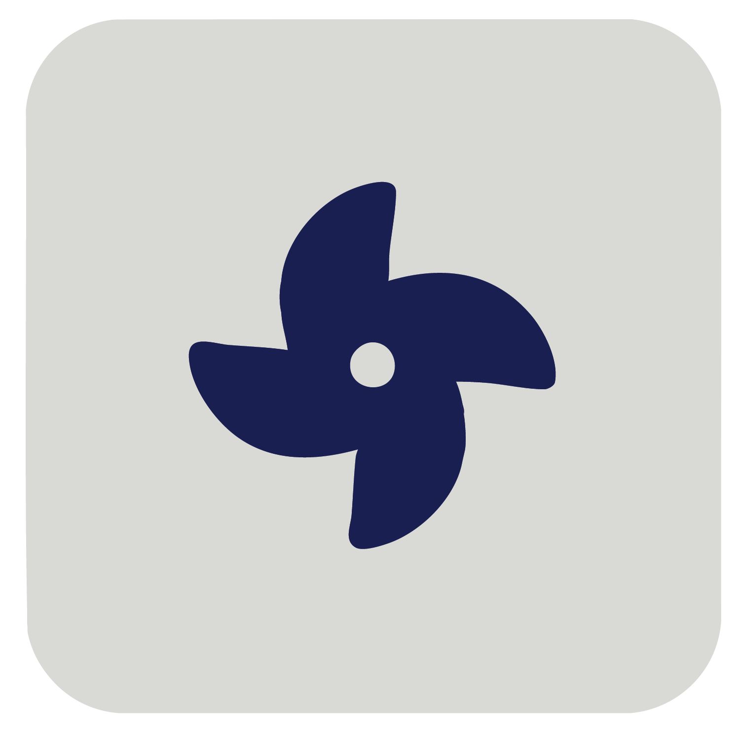A dark blue wind turbine blade with four curved blades and a circular hub on a light gray background.