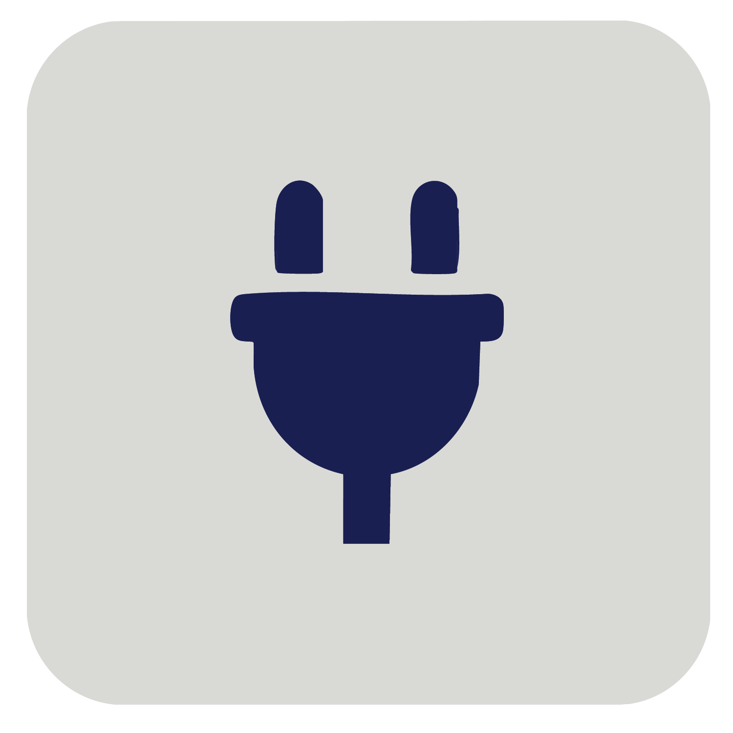 Icon of a dark blue electrical plug on a light gray rounded square background.
