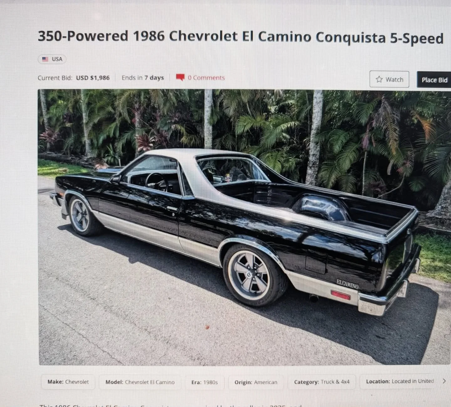 Live on Bringatrailer this very special 1986 El Camino Conquesta with a bad boy 69 limited block 350 backed up by a T5 manual 5spd. Fully loaded with ice cold AC and of course Recaro seats. #bringatrailer #forsale #elcamino #conquista #restomod