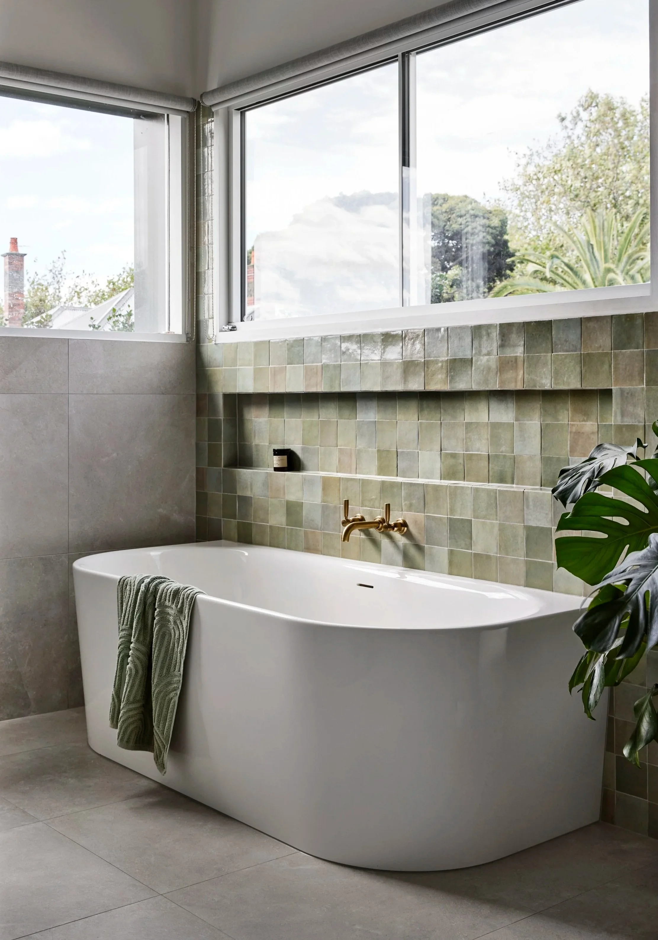 Modern bathroom with a freestanding bathtub, a green tiled wall, and large windows showing an outdoor view of trees and sky.