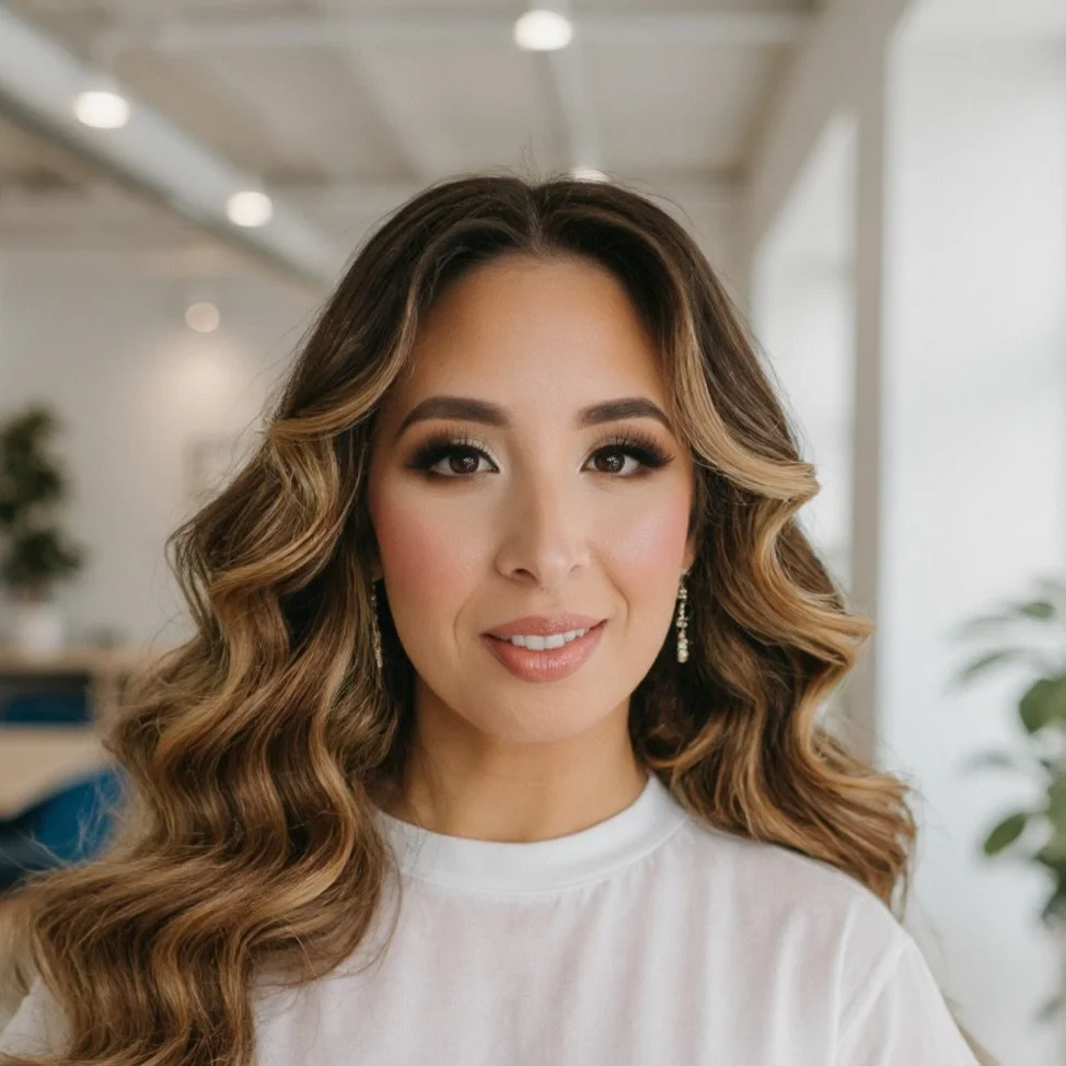 A woman with long, wavy brown hair and makeup, wearing earrings and a white top, smiling indoors with a blurred background.