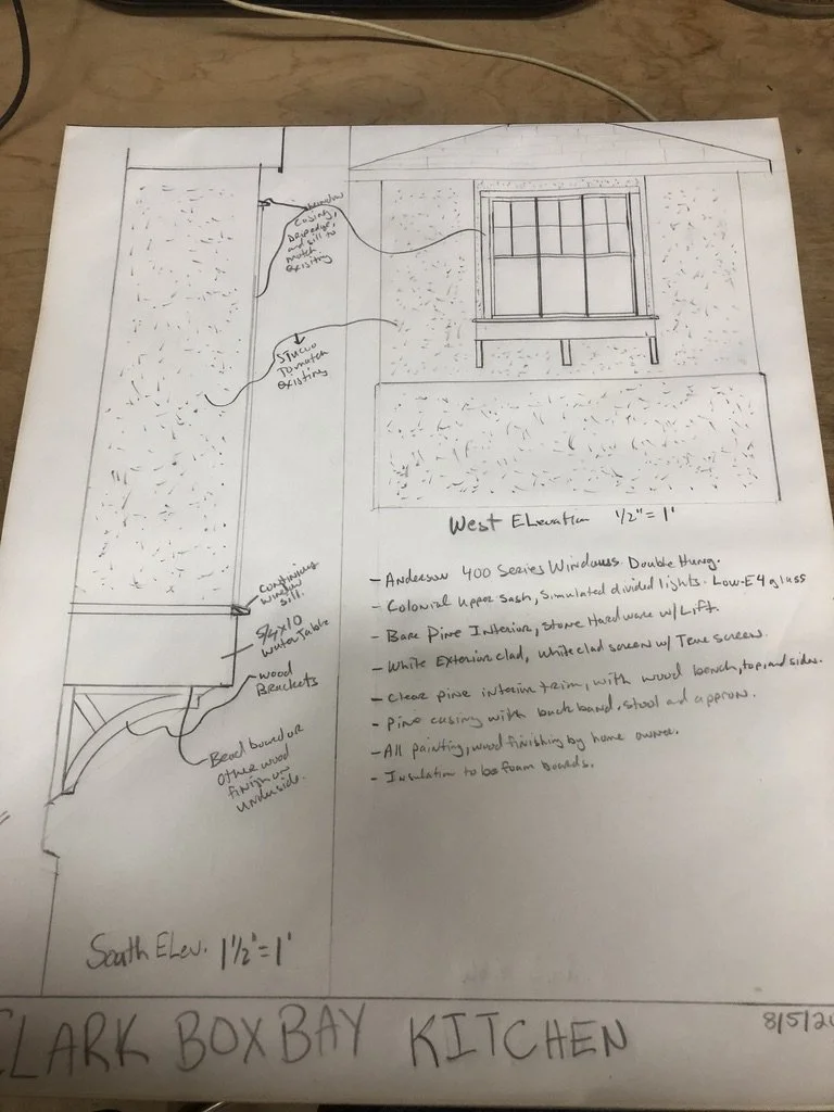 Architectural sketch of the west elevation of a kitchen window with details and notes about the design, including window type, trim, framing, and materials.