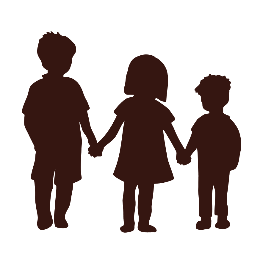 Silhouette of three children holding hands, two boys and a girl, against a black background.