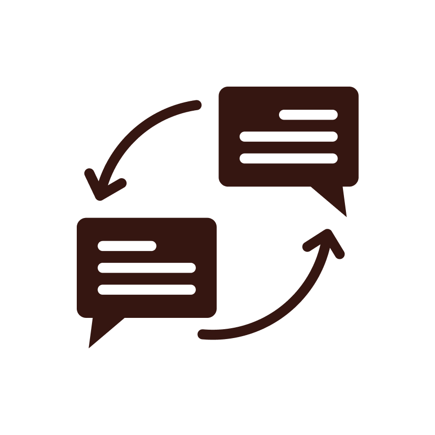 Two speech bubbles with arrows indicating conversation or dialogue exchange.