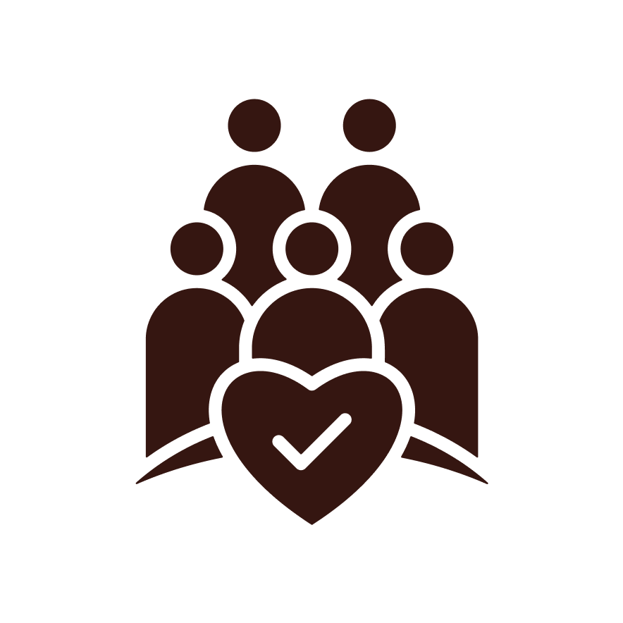 Icon depicting a group of people behind a heart with a checkmark inside.