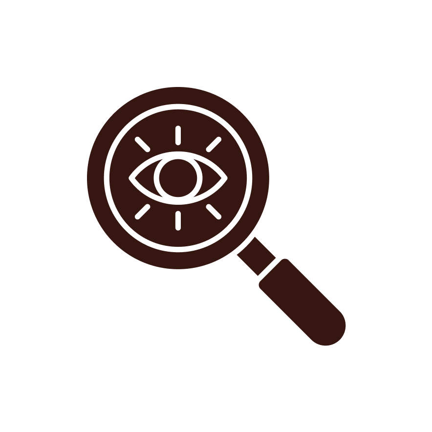 Magnifying glass with eye and rays in the center, symbolizing investigation or scrutiny.