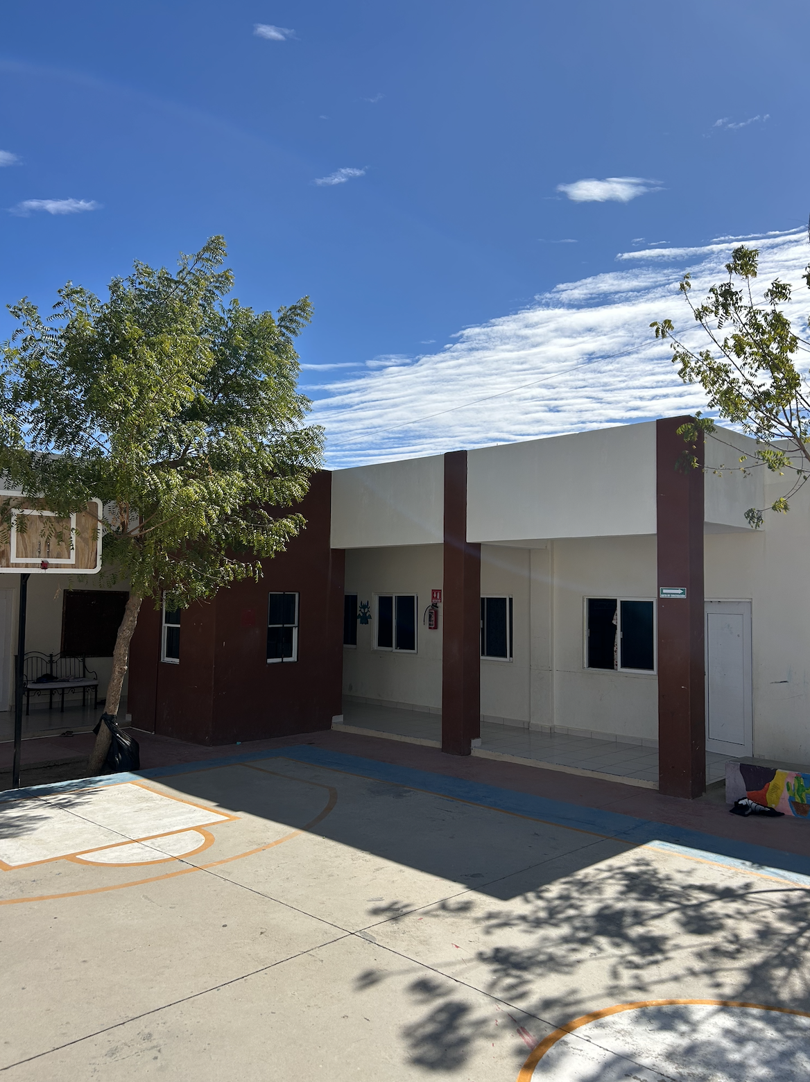 A school courtyard with a basketball hoop, a tree, and a building with multiple windows. The sky is blue with some clouds.