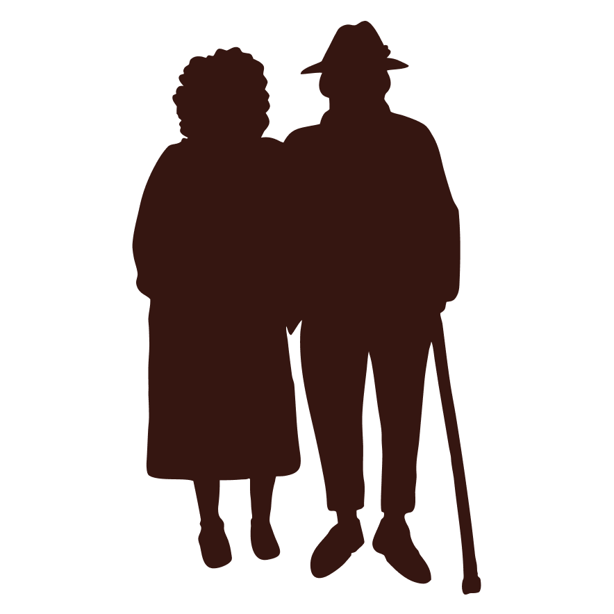 Silhouette of an elderly woman and an elderly man standing together, the man holding a cane.