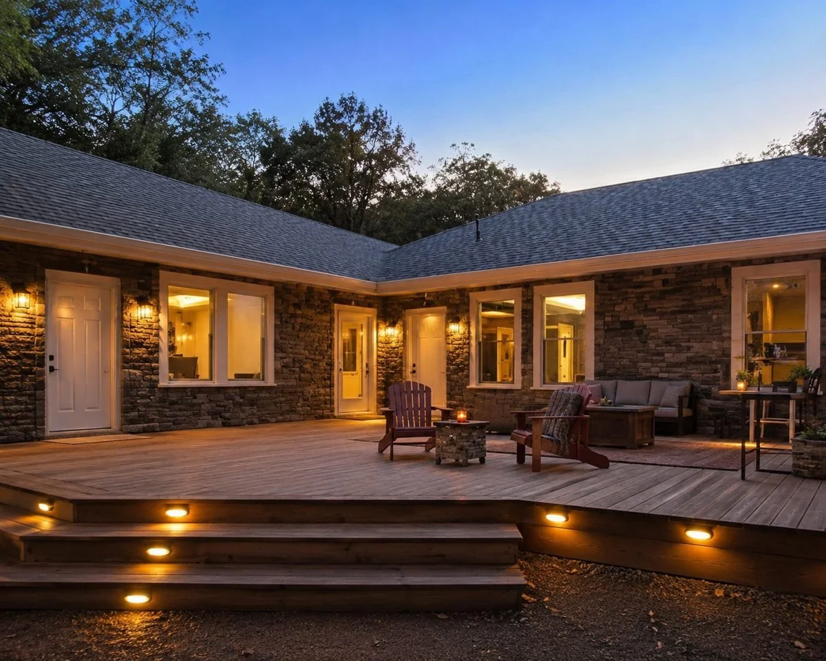 Outdoor wood deck with seating beside a brick home