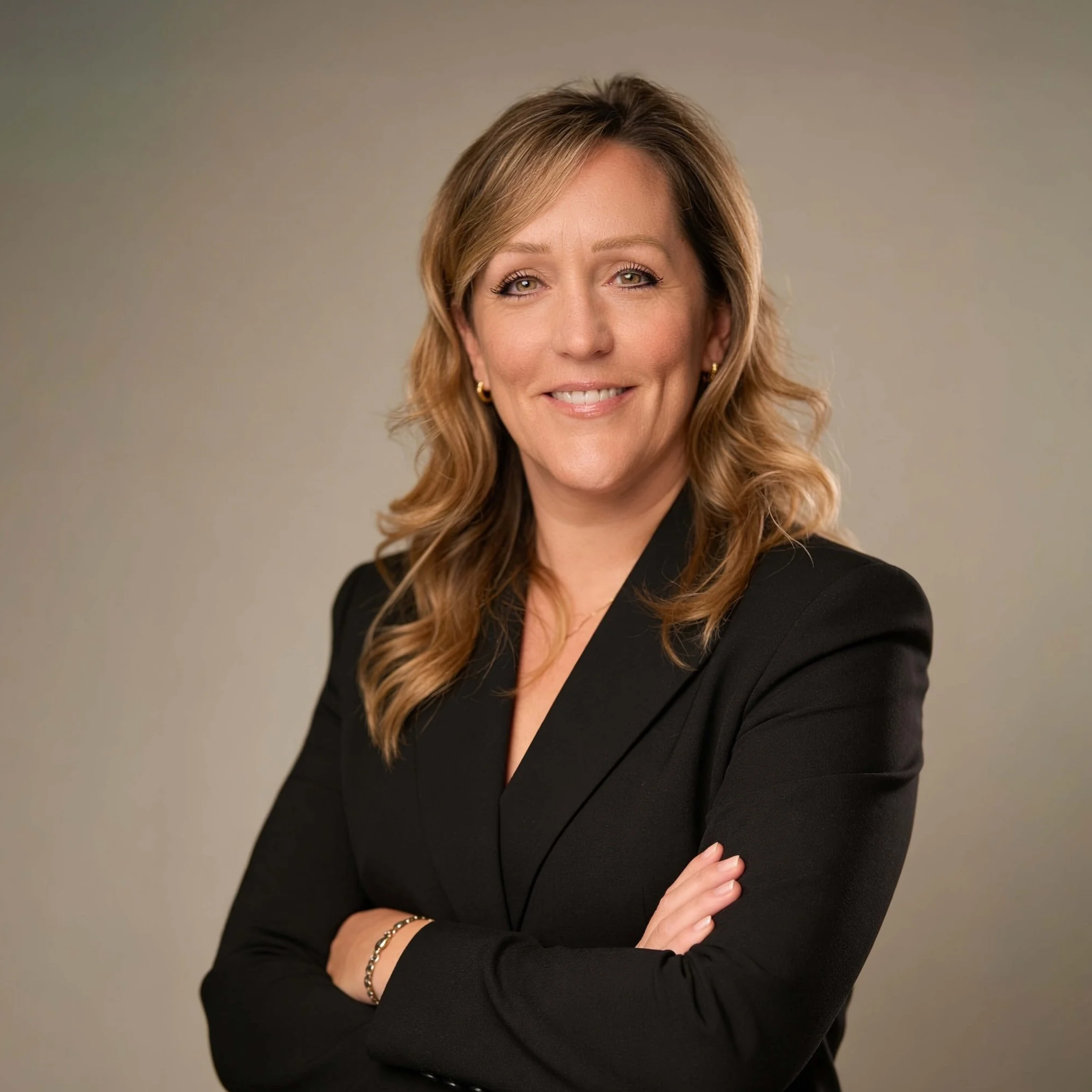A professional woman with shoulder-length wavy blonde hair, wearing a black blazer, smiling with arms crossed, against a neutral background.