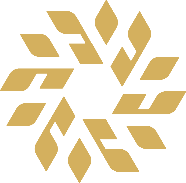 Gold geometric leaf pattern logo on black background.