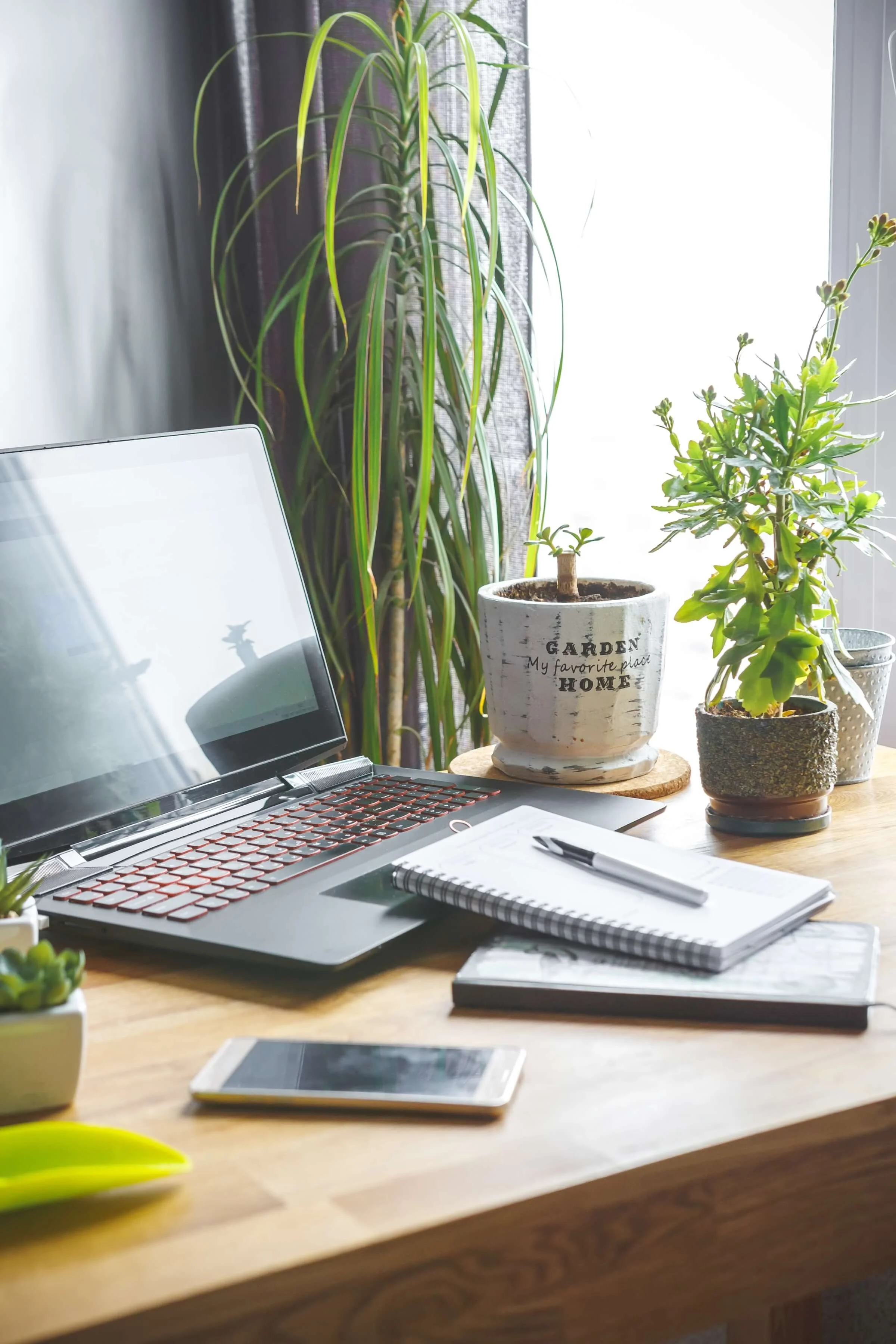 A workspace with a laptop, smartphone, notebooks, pens, and potted plants on a wooden desk near a window with sunlight.