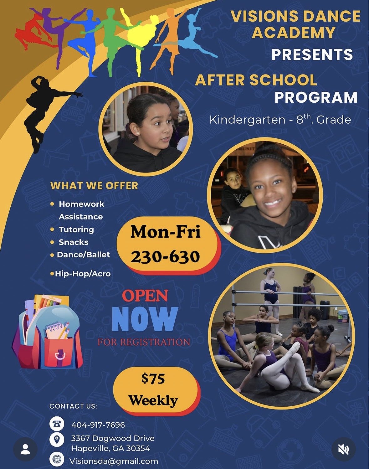 Flyer for Visions Dance Academy's after-school program, featuring colorful silhouettes of dancers, photos of children dancing, offering homework help, tutoring, snacks, dance and ballet, and hip-hop classes, with contact details and registration information.