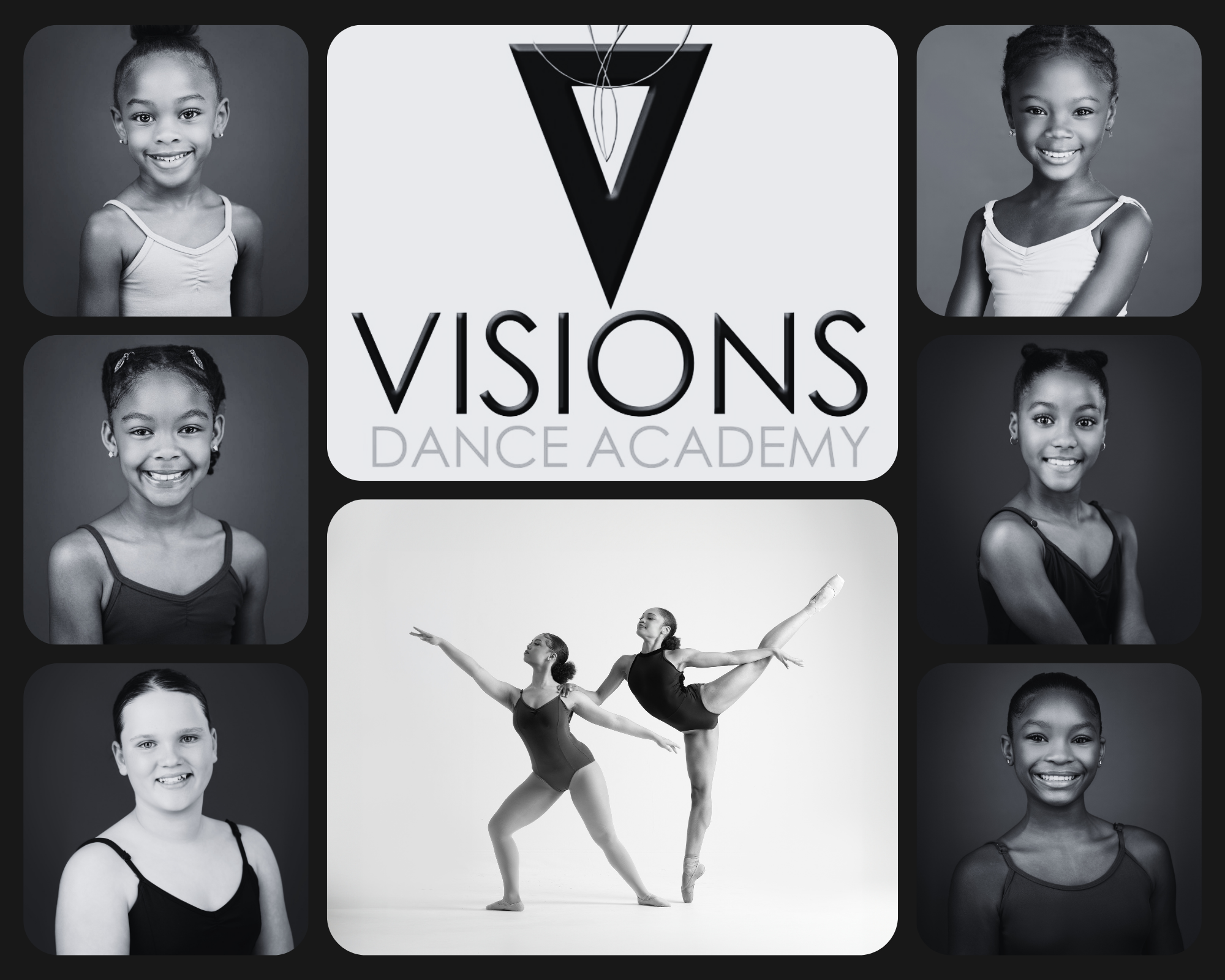 Logo for Visions Dance Academy surrounded by photos of young girls in dance attire, black and white, with two dancers performing a pose in the center.