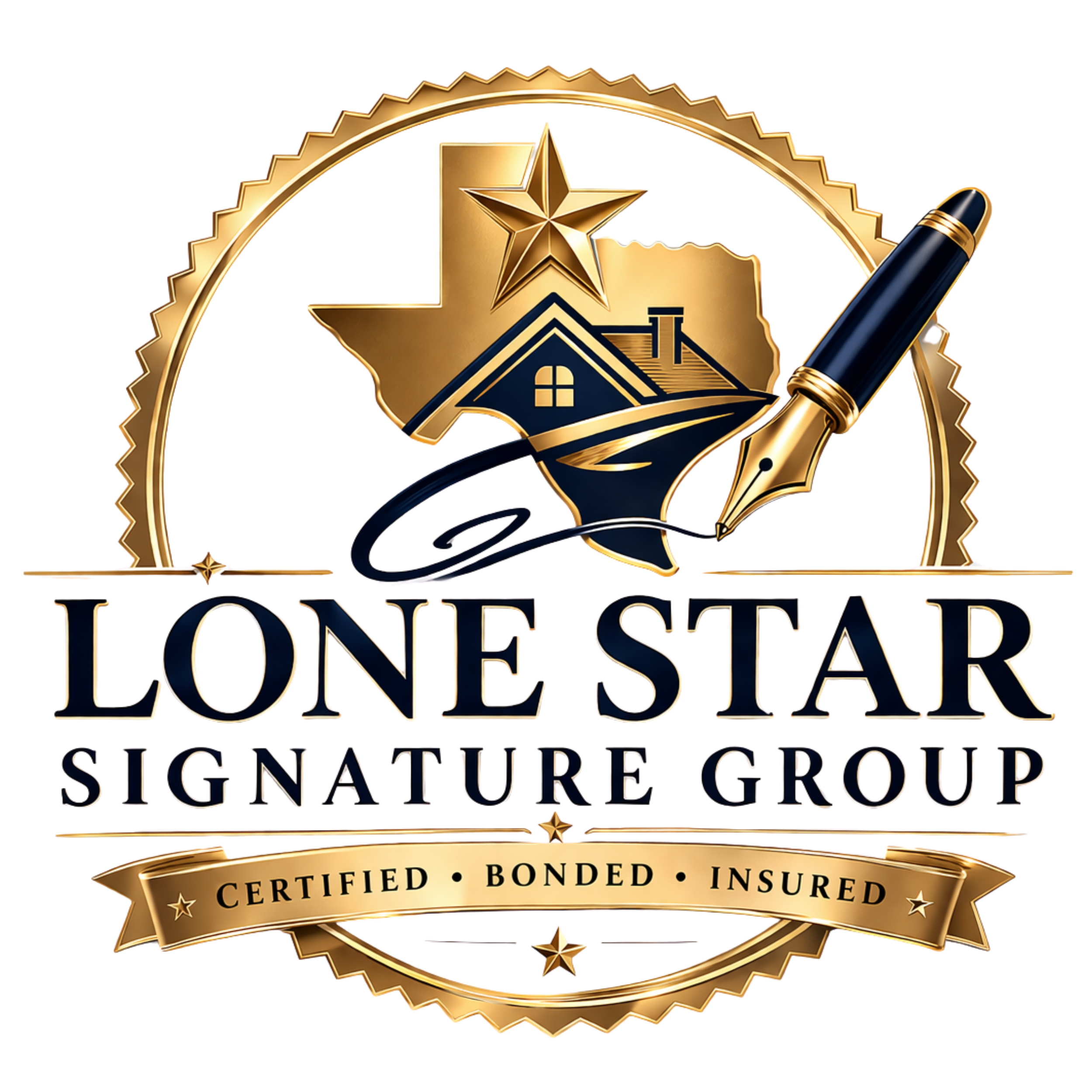 Logo for Lone Star Signature Group featuring a star, Texas shape, house, and fountain pen with gold and blue colors, and text stating 'Certified Bonded Insured'.
