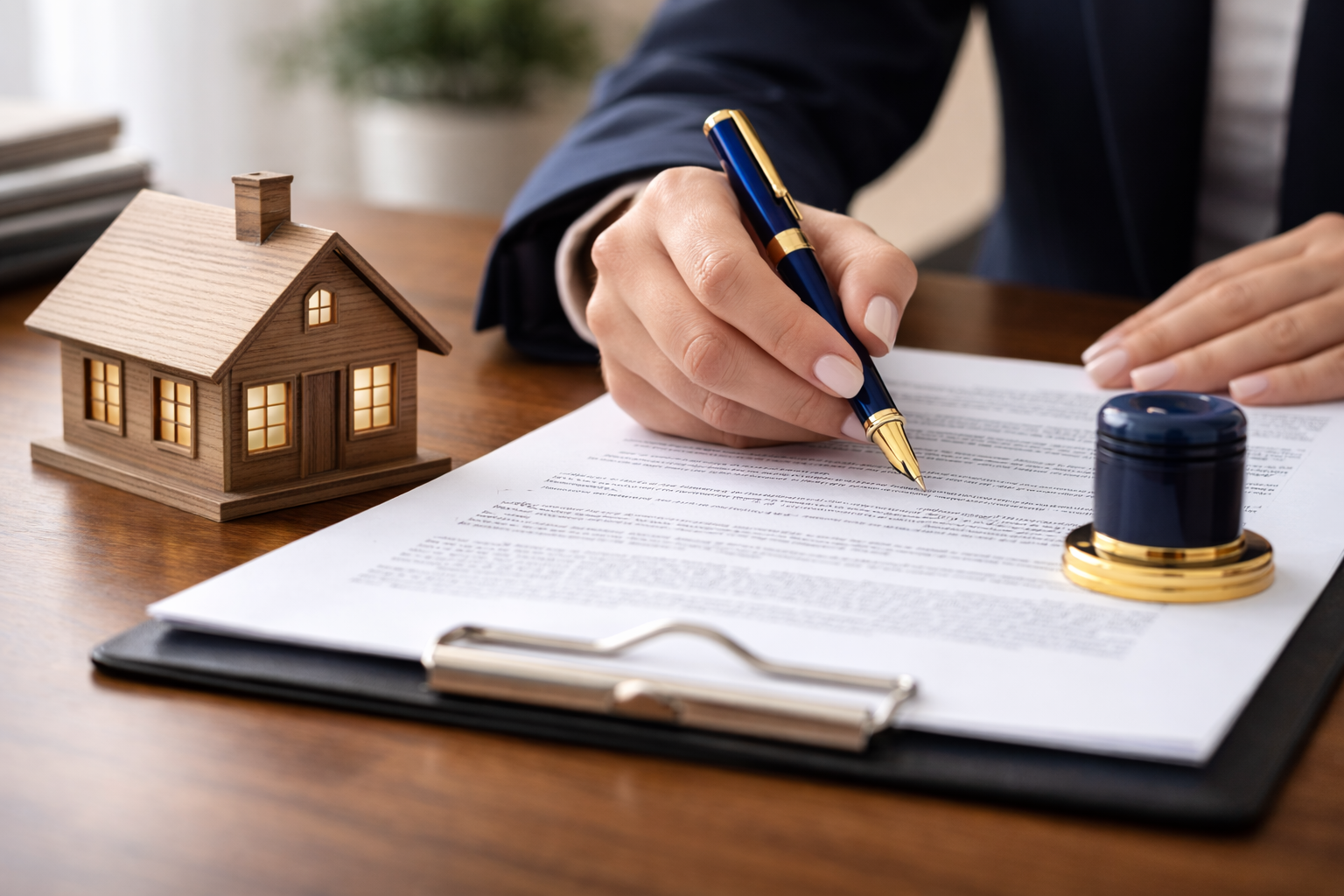 A person in a suit signing a document with a gold and blue pen, a small lit wooden house model, and a black and gold stamp on a wooden desk.