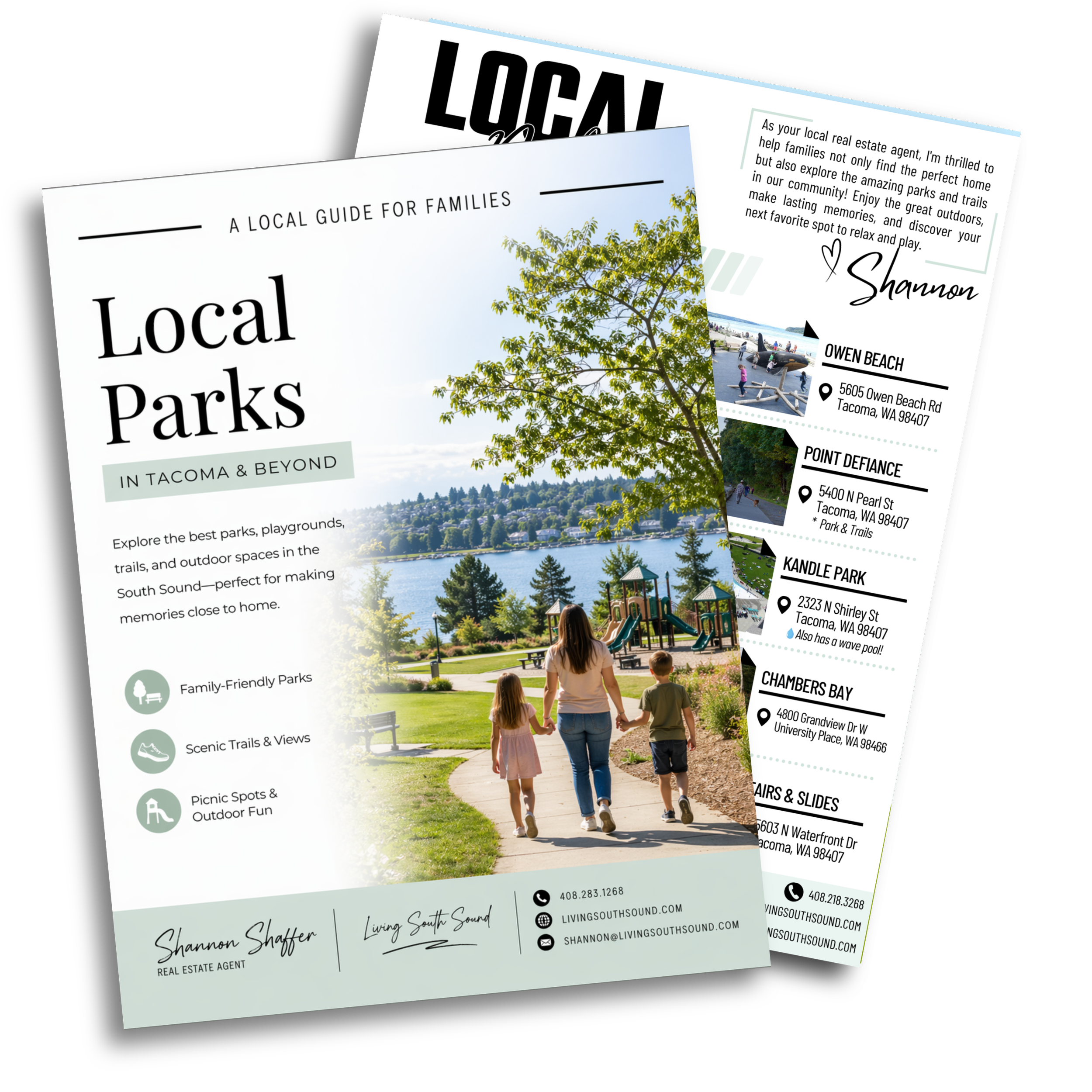 Brochures for local parks and real estate highlighting outdoor activities, parks, trails, and community spots in Tacoma, Washington with images of parks, views, and families enjoying outdoor spaces.