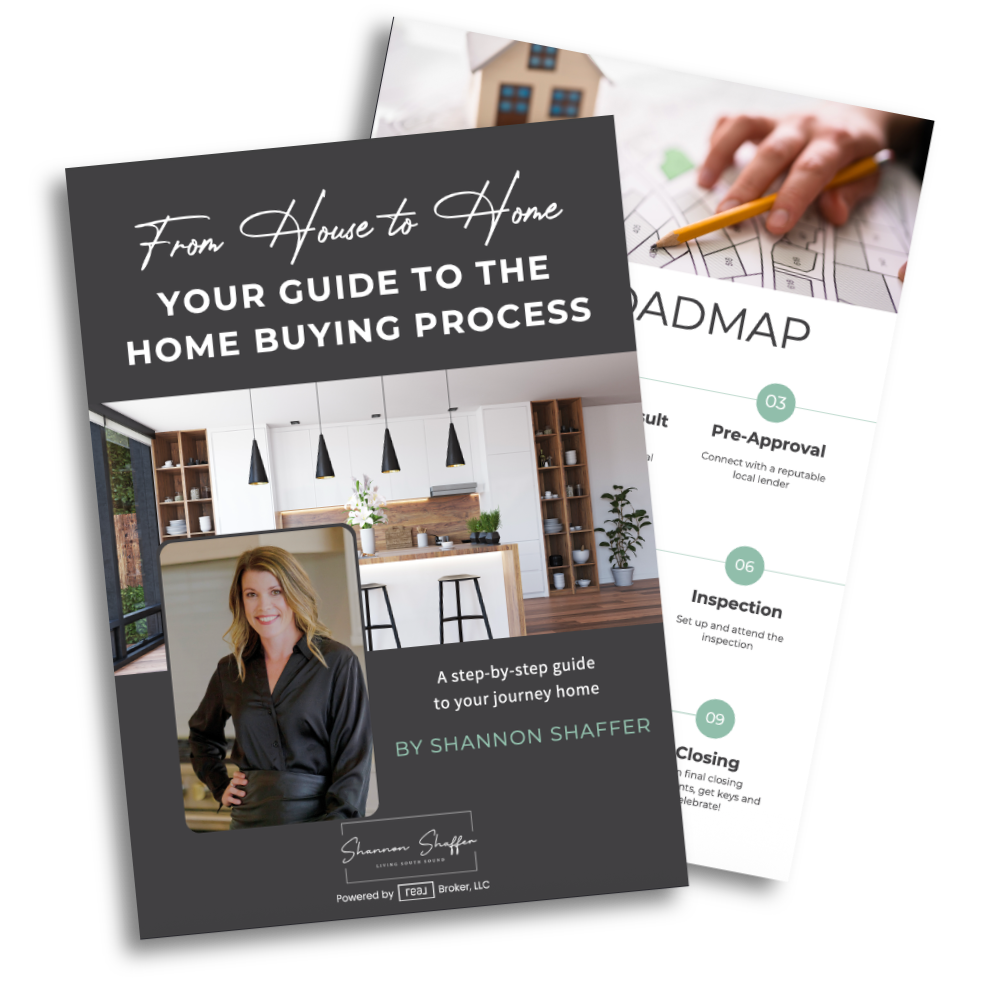 Cover of a guidebook titled "From House to Home: Your Guide to the Home Buying Process" by Shannon Shaffer, featuring a modern kitchen and a woman smiling. Behind it, a page showing part of a home buying process timeline and a person pointing to a house plan.