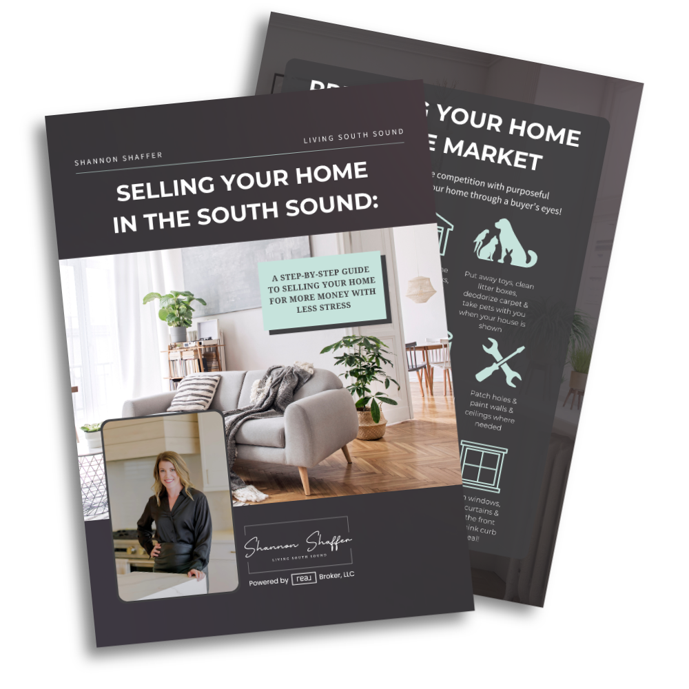 Cover page of a guide titled 'Selling Your Home in the South Sound' with a living room image, a woman’s photo, and information about selling homes, presented by Shannon Shaffer.
